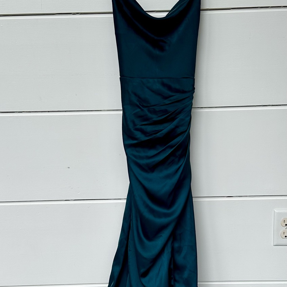 Lulu's Teal Satin Cowl-Neck Maxi Dress